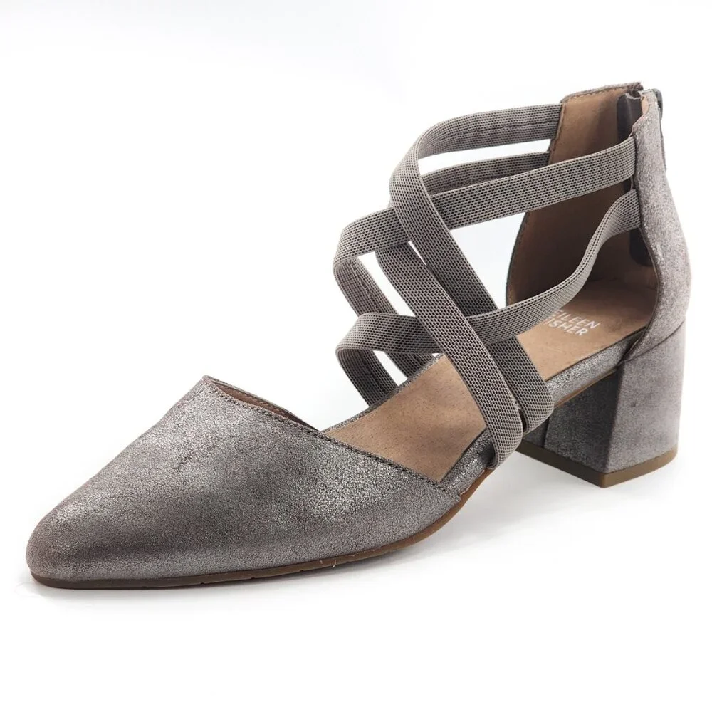 EILEEN FISHER NWOB $195‎ Juku Silver Grey Block Heal Pumps In Mica Zip